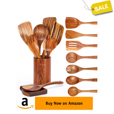 Mooues 9 PCS Wooden Spoons for Cooking, Wooden Utensils for Cooking with Utensils Holder, Natural Teak Wooden Kitchen Utensils Set with Spoon Rest, Comfort Grip Cooking Utensils Set for Kitchen