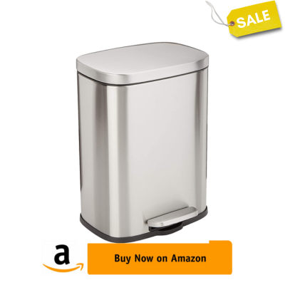Amazon Basics 12 Liter / 3.1 Gallon Soft-Close, Smude Resistant Small Trash Can with Foot Pedal - Brushed Stainless Steel, Satin Nickel Finish