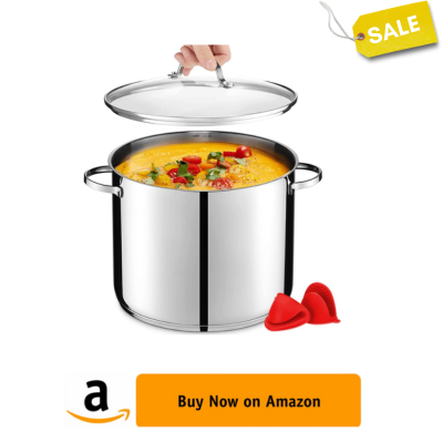 GOURMEX 14.8 Qt Induction Stockpot | Stainless Steel Pot With Glass Cookware Lid | Interior Measurement Markings | Compatible with All Heat Sources | Dishwasher Oven Safe (14.8 Quart)