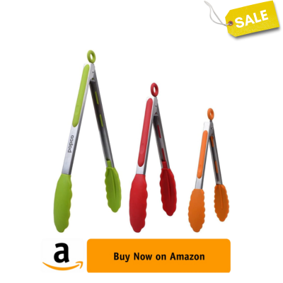 POPCO Tongs for Cooking - Set of 3 (7, 9, 12 inches) - Heavy Duty, 304 Stainless Steel BBQ and Kitchen Tongs with Silicone Tips (3 COLORS AVAILABLE)